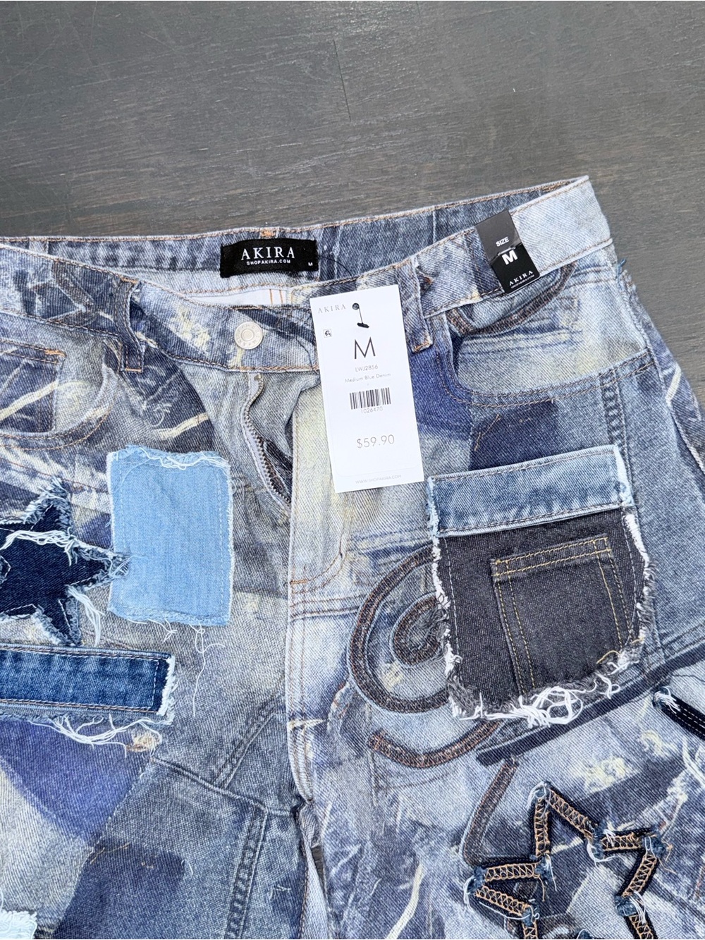 AKIRA Patchwork Denim Jean Shorts in Light Blue and Dark Blue - Picture 6 of 9